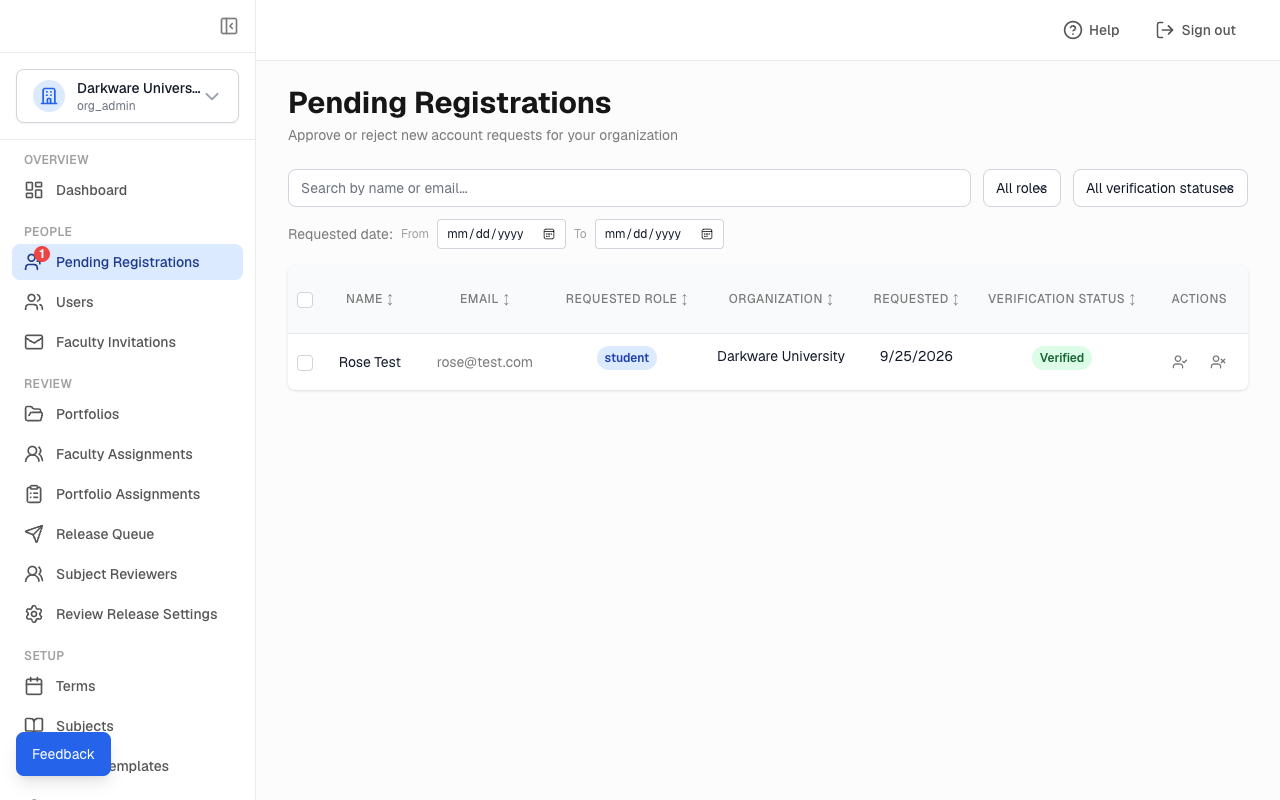 Pending Registrations list with verification status and approve and reject actions