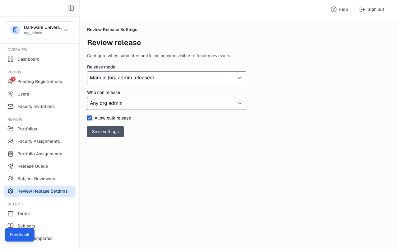 Review Release Settings with release mode, who can release, and Allow bulk release