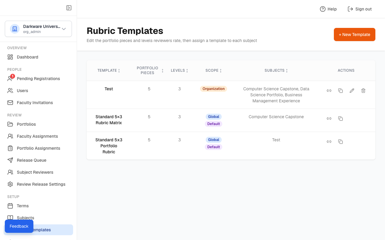 Rubric Templates list with Assign, Duplicate, and Edit actions